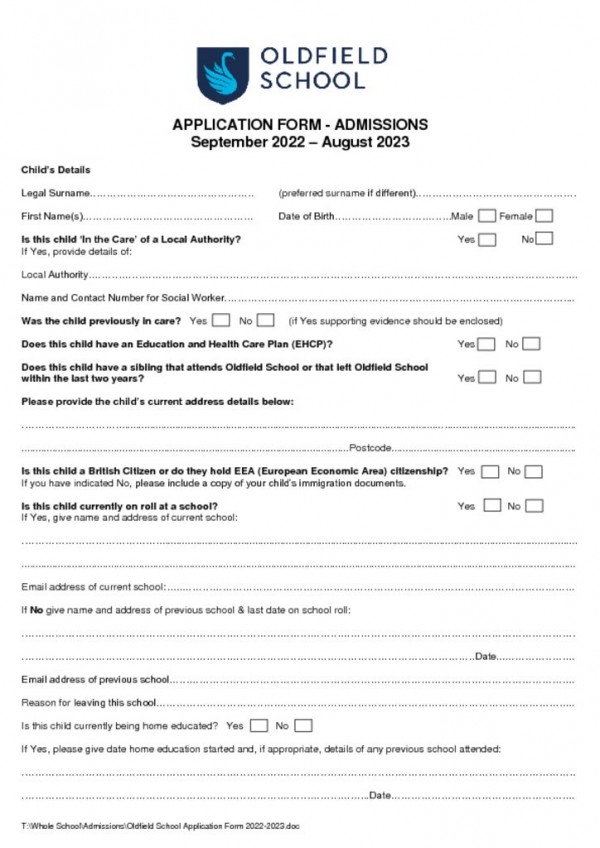 thumbnail of Oldfield School Application Form 2022-2023