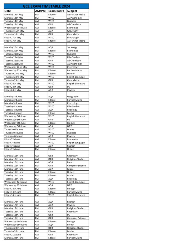 A level Exam Timetable 2024 Oldfield School