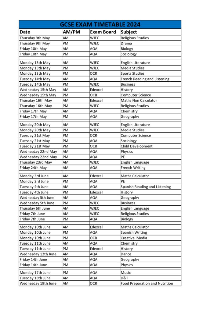 GCSE Exam Timetable 2024 Oldfield School