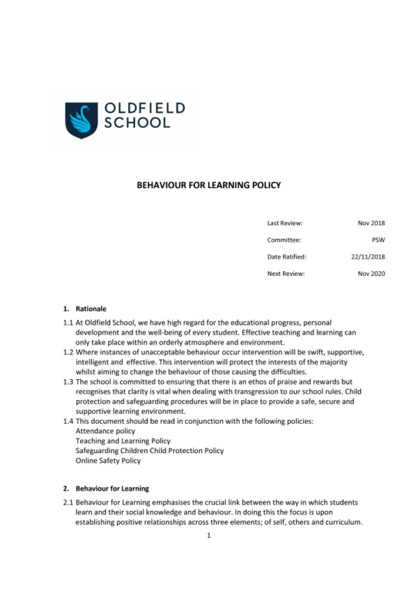 thumbnail of Behaviour for Learning Policy 2018 PSW