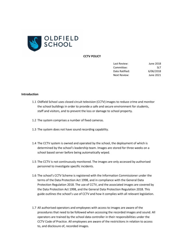 CCTV Policy 2018 - Oldfield School