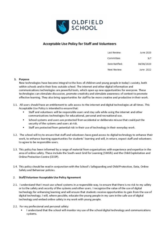 Acceptable Use Policy for Staff and Volunteers June 2020 - Oldfield School