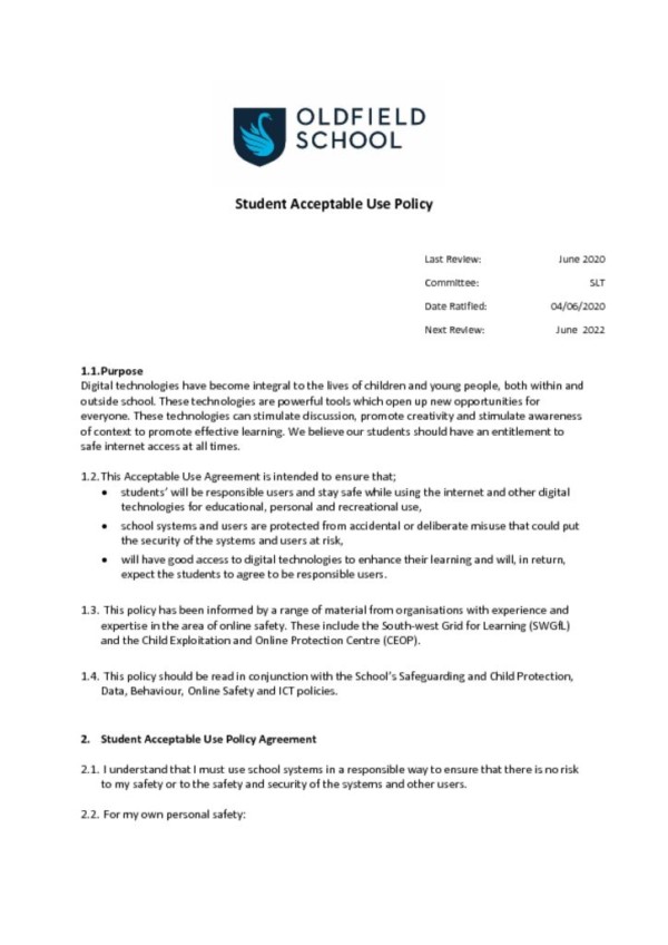 thumbnail of Student Acceptable Use Policy June 2020