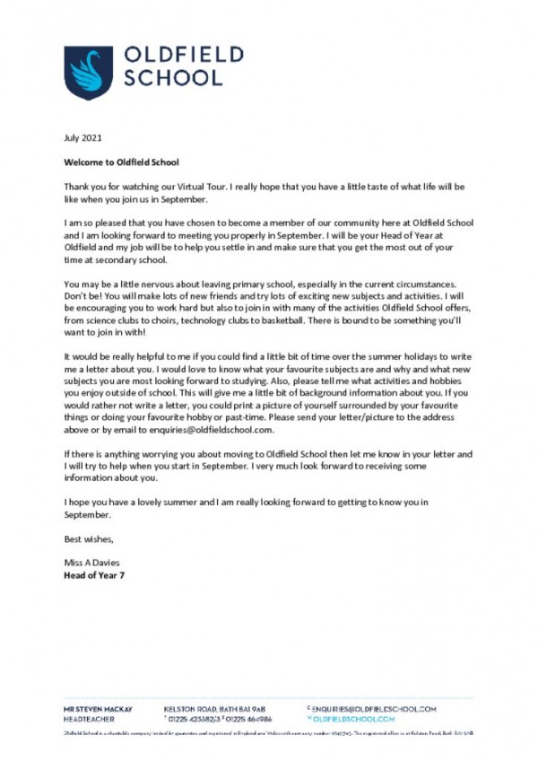 thumbnail of Head of Year 7 Welcome Letter