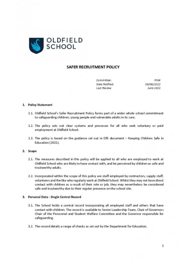 thumbnail of Safer Recruitment Policy PSW 2022