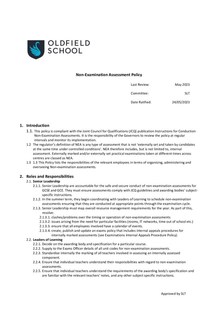 Non-Examination Assessment Policy - Oldfield School