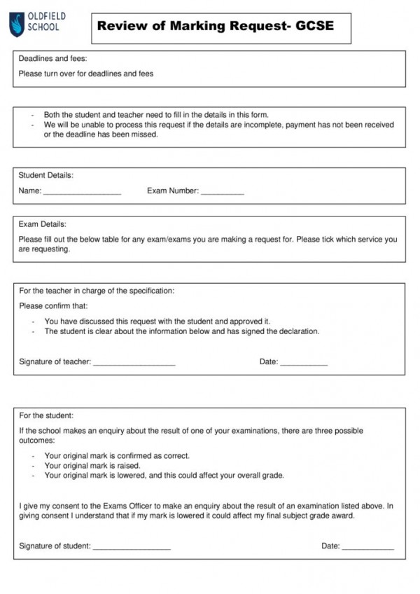 Request for remark form GCSE - Oldfield School