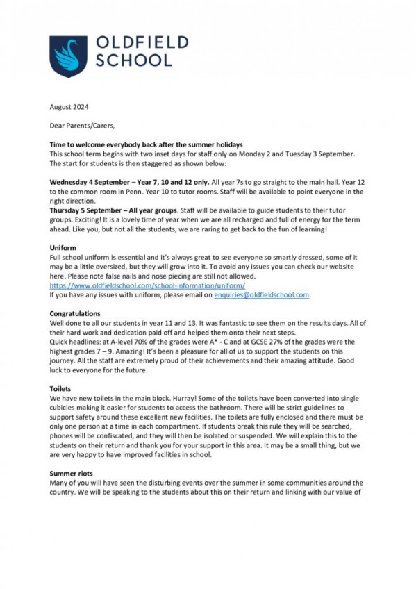 Head's letter to parents 30082024 Oldfield School